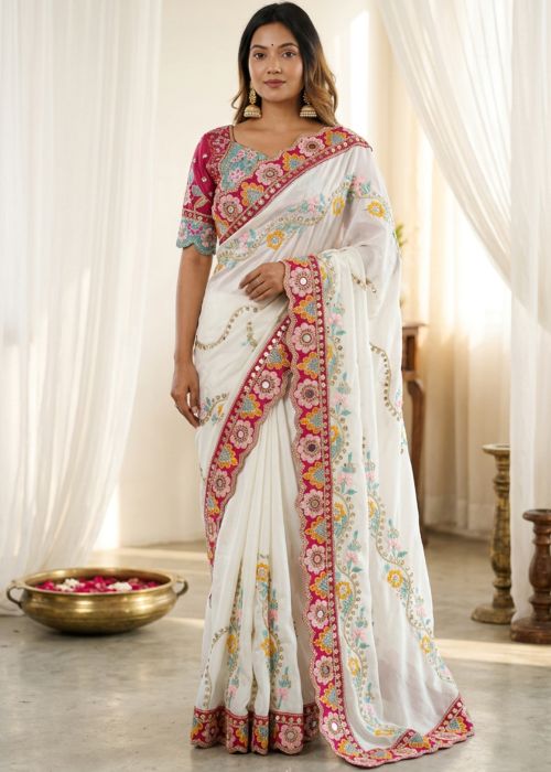White Art Silk Saree Floral Mirror Work