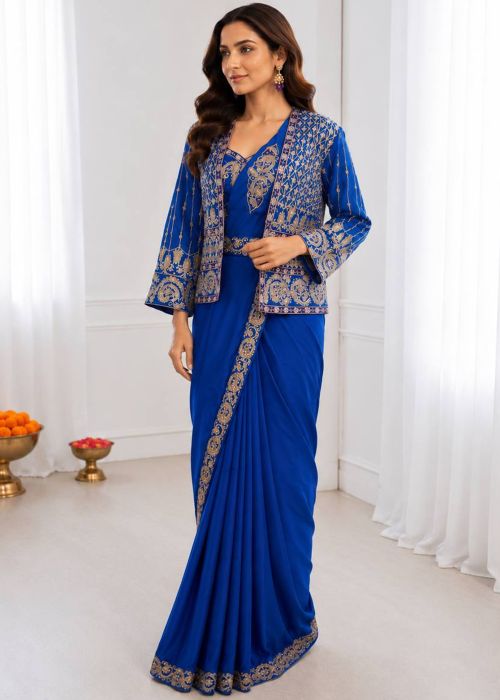 Blue Crape Pre Stitched Saree With Jacket