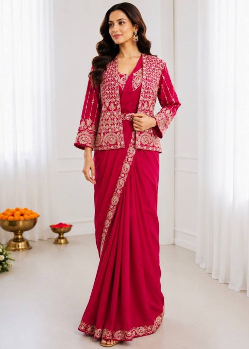 Pink Crape Pre Stitched Saree With Jacket
