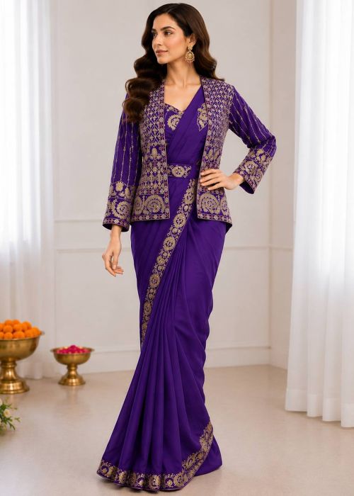 Purple Pre Stitched Saree With Jacket Set