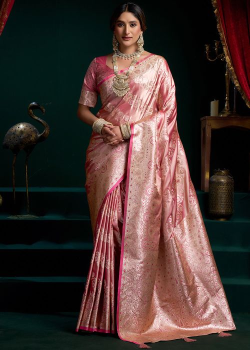 Pink Satin Saree With Zari Woven Work