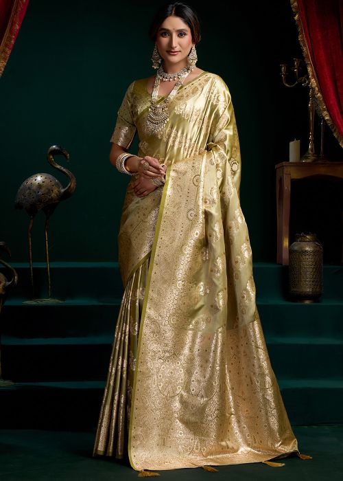 Golden Satin Saree With Woven Work