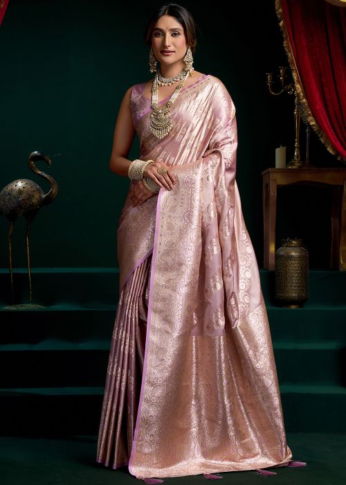 Blush Pink Satin Saree With Wove Zari
