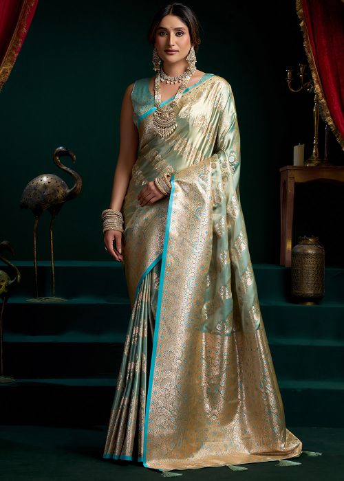 Turquoise Satin Saree With Zari Border