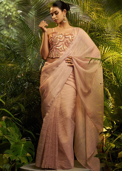 Blush Peach Pre-Stitched Saree With Embroidered Blouse