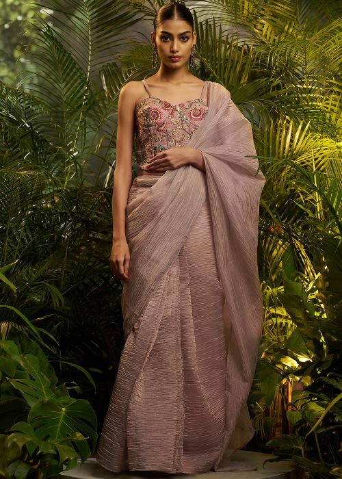 Mauve Pink Pre-Stitched Saree With Sequin Corset