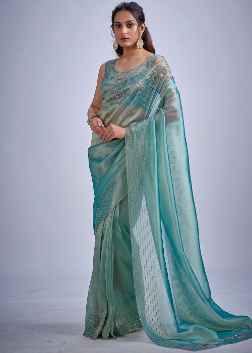 Blue Kanjivaram Saree With Stone Detail