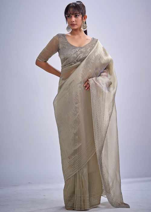 Grey Kanjivaram Saree With Stone Embroidery