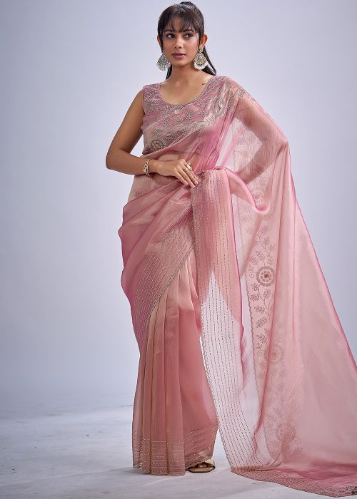 Blush Pink Kanjivaram Saree With Stone Work