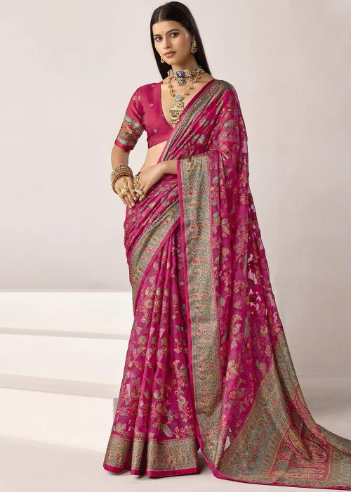 Pink Silk Saree With Floral Woven Work