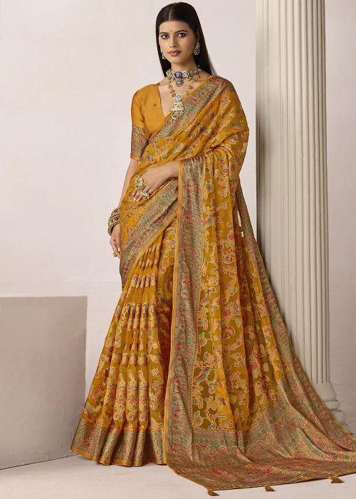 Yellow Silk Saree With Heritage Weave