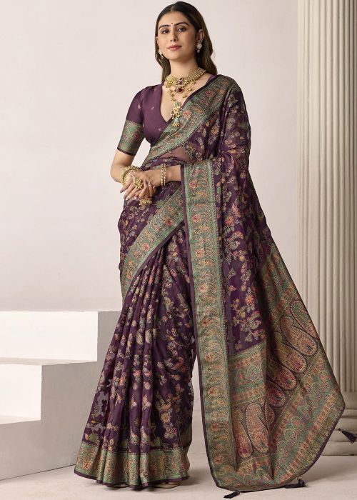 Purple Silk Saree With Paisley Weave