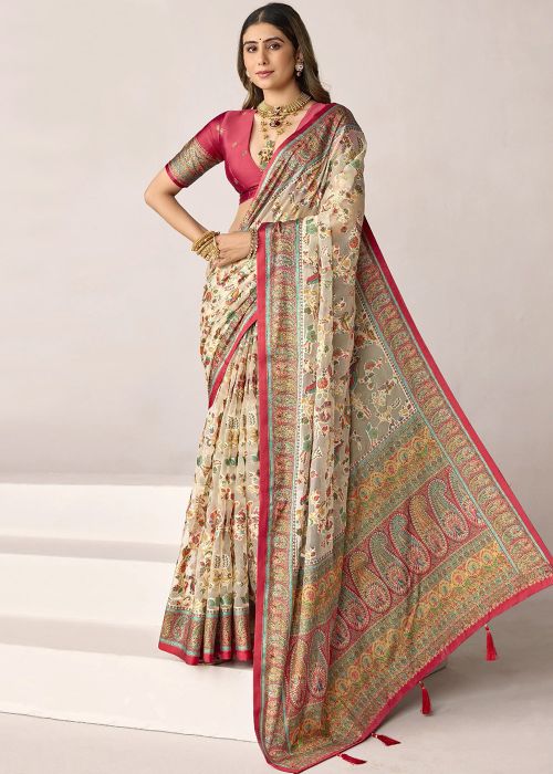Cream Silk Saree With Floral Woven Work