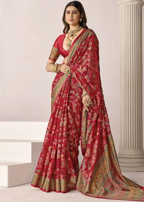 Red Silk Saree With Woven Border