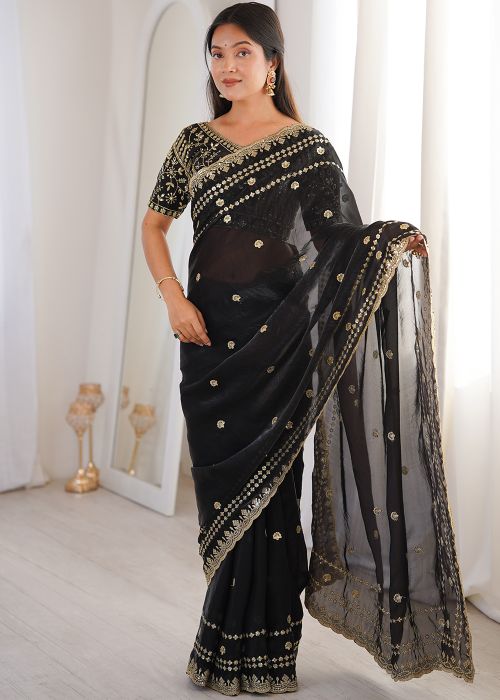 Black Satin Saree With Floral Embroidery