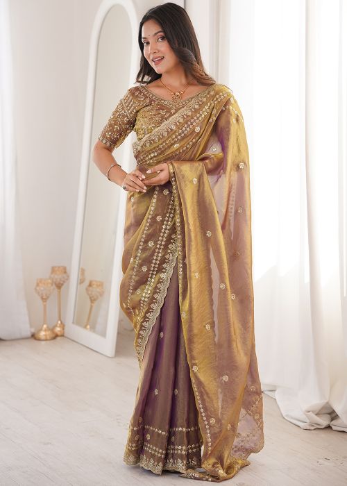 Golden Satin Saree With Embroidered Border