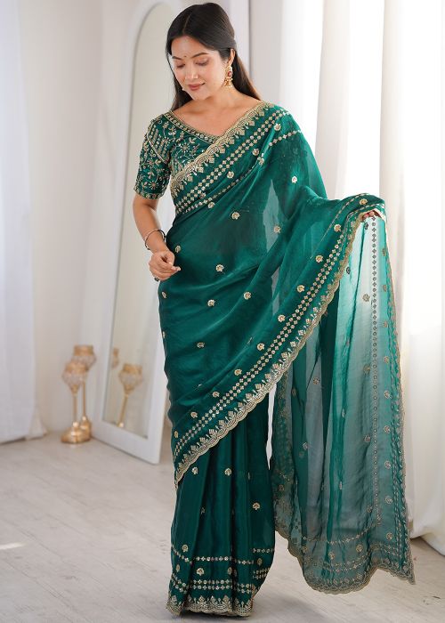 Teal Green Satin Saree With Floral Motifs