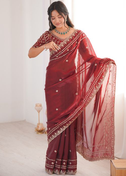 Maroon Satin Saree With Thread Work