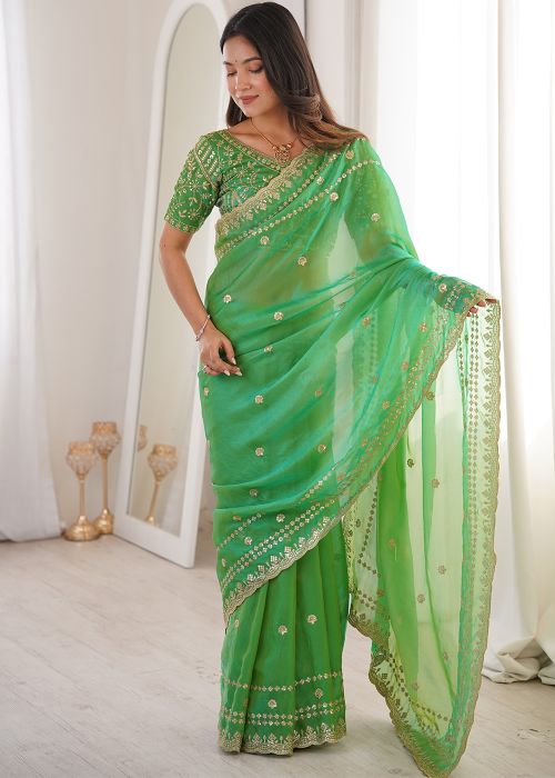 Green Satin Saree With Border Work