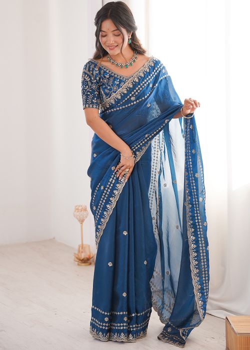 Blue Satin Saree With Embroidered Border