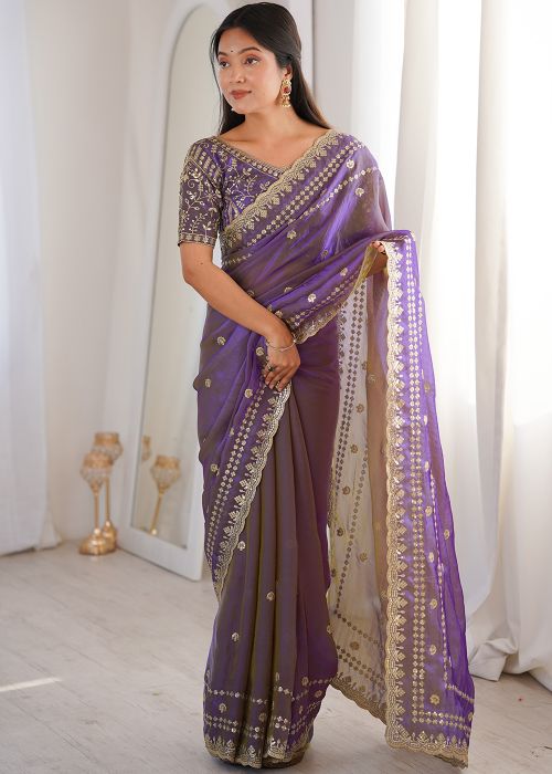 Purple Satin Saree With Floral Motifs