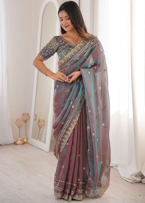 Dual Tone Blue Satin Saree With Sequin Work
