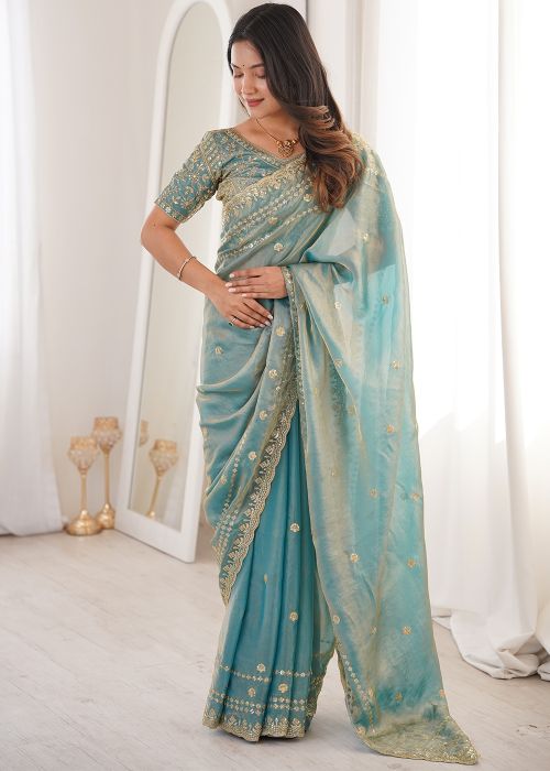Sky Blue Satin Saree With Border Detail