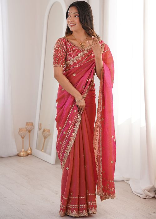 Coral Pink Satin Saree With Floral Work