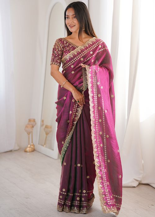 Magenta Satin Saree With Sequinned Border
