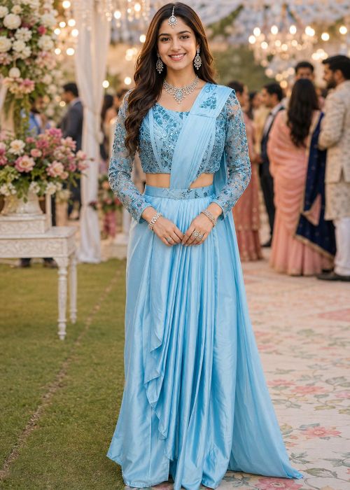 Sky Blue Pre-Stitched Saree With Embellished Pallu