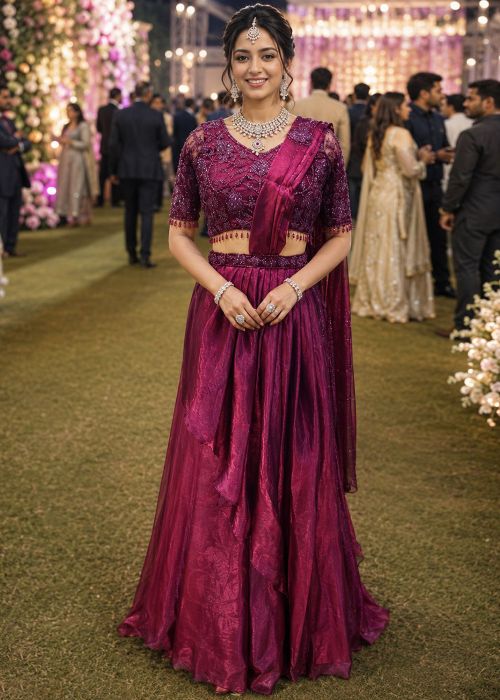 Wine Lehenga Style Saree With Embroidered Blouse
