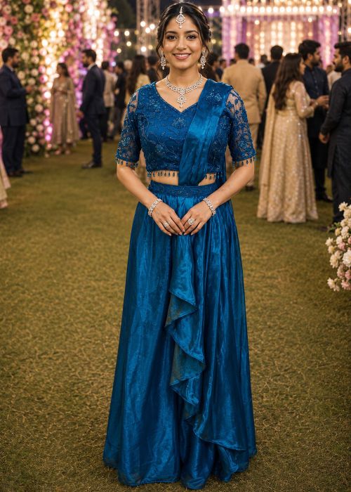 Blue Satin Lehenga Style Saree With Drape Pallu