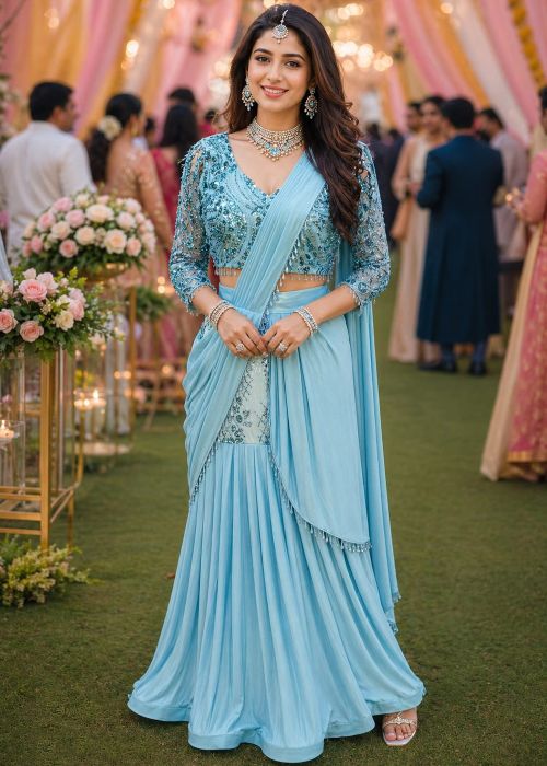 Sky Blue Lycra Pre Stitched Lehenga Saree