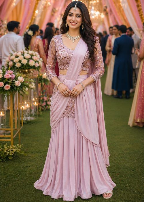 Blush Pink Pre Sstitchded Lehenga Style Saree