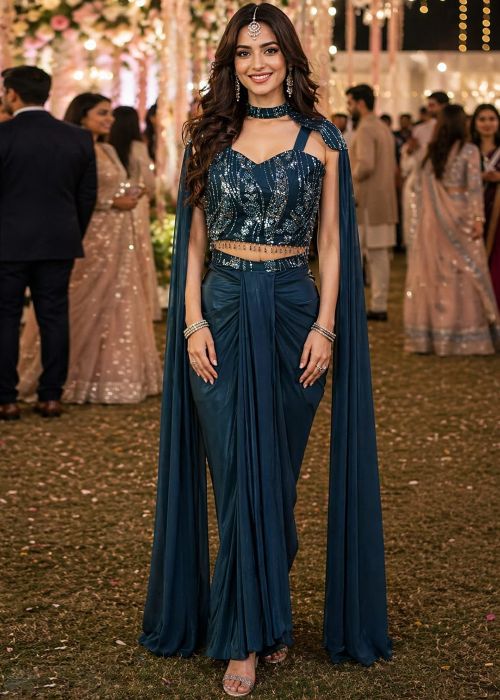 Navy Blue Pr-Stitched Saree With Sequin Cape Style