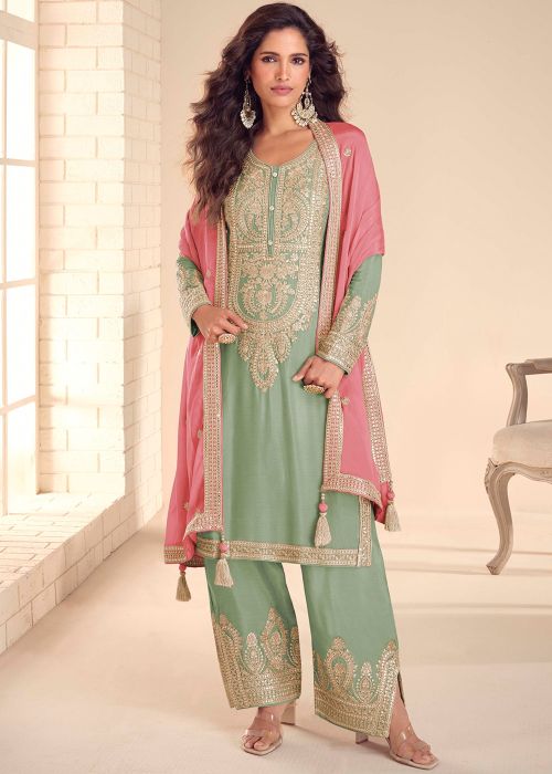 Mint Green Chiffon Palazzo Suit With Dori Work