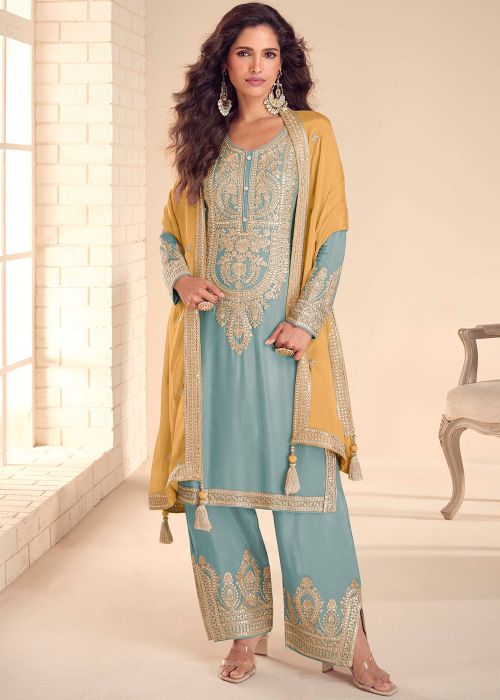 Sky Blue Chiffon Palazzo Suit With Dori Work