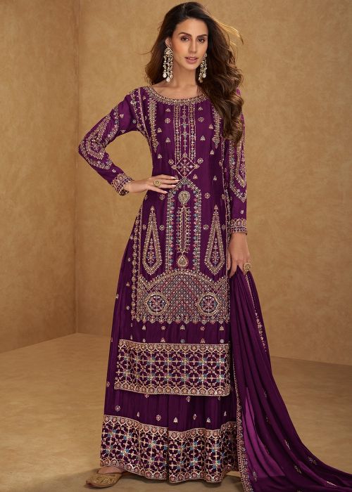 Purple Chiffon Palazzo Suit With Zari Work