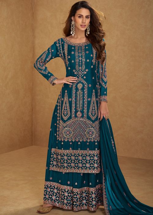 Teal Blue Chiffon Palazzo Suit With Sequin Detail