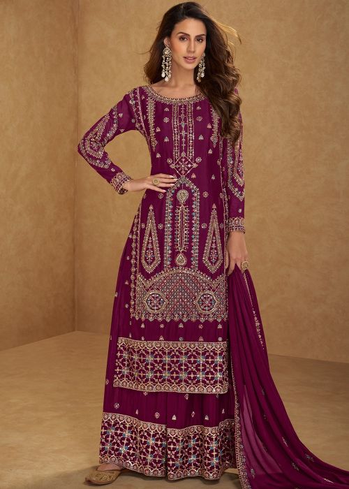 Magenta Chiffon Palazzo Suit With Zari Embroidery