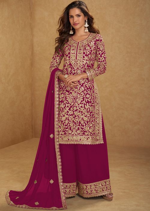 Pink Georgette Palazzo Suit With Zari Embroidery