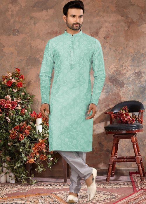 Readymade Digital Floral Printed Green Kurta Pajama