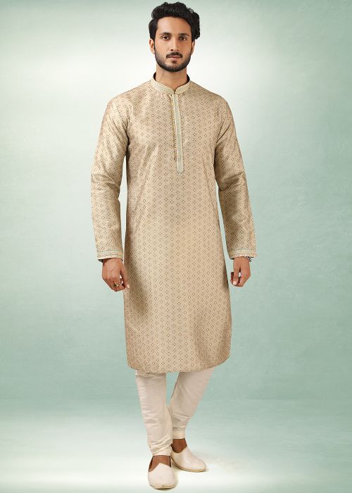 Printed Beige Readymade Straight Kurta With Churidar