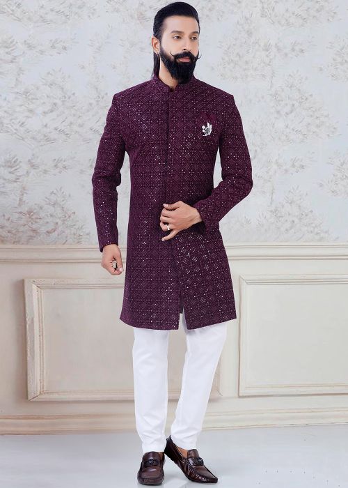 Magenta Readymade Embroidered Indo Western Sherwani