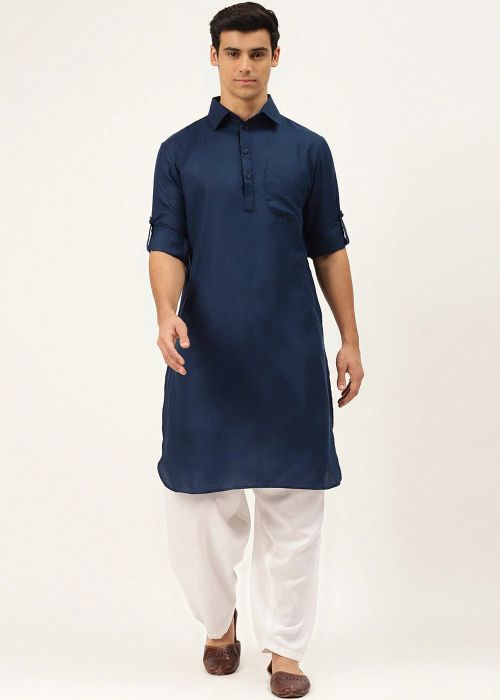 Blue Readymade Plain Kurta Pajama In Cotton