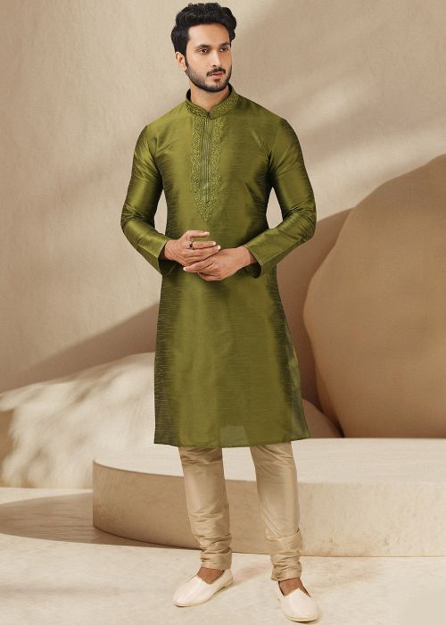 Readymade Green Embroidered Kurta With Churidar
