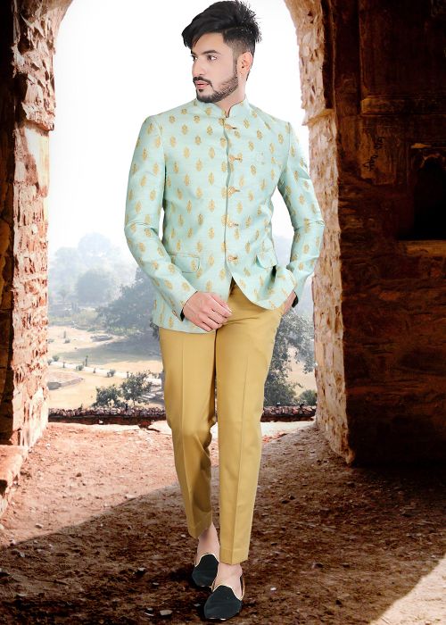 Readymade Green Zari Woven Bandhgala Jodhpuri Suit