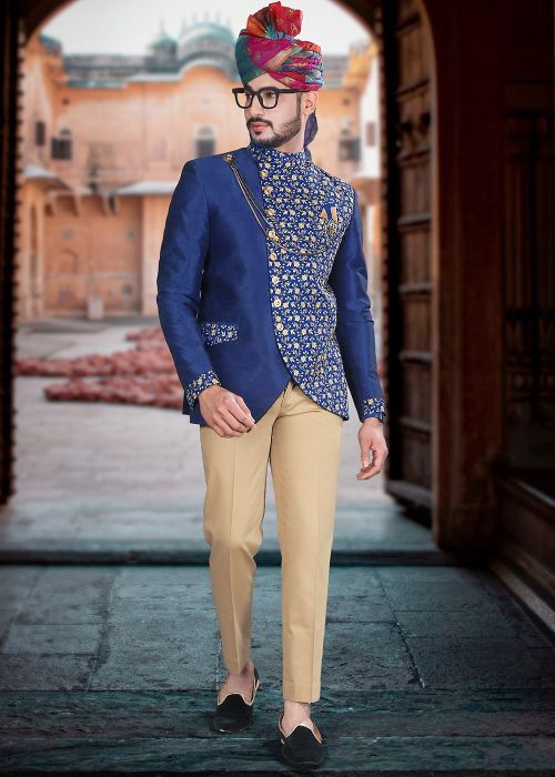 Navy Blue Embroidered Readymade Indian Jodhpuri Style Suit