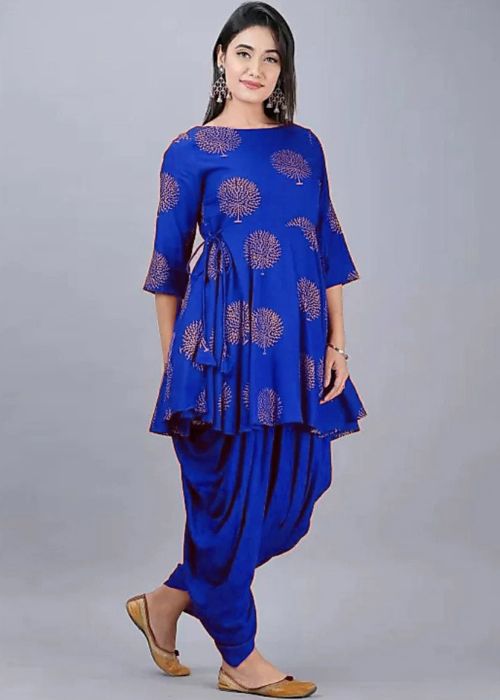 Blue Reyon Printed Kurta & Dhoti