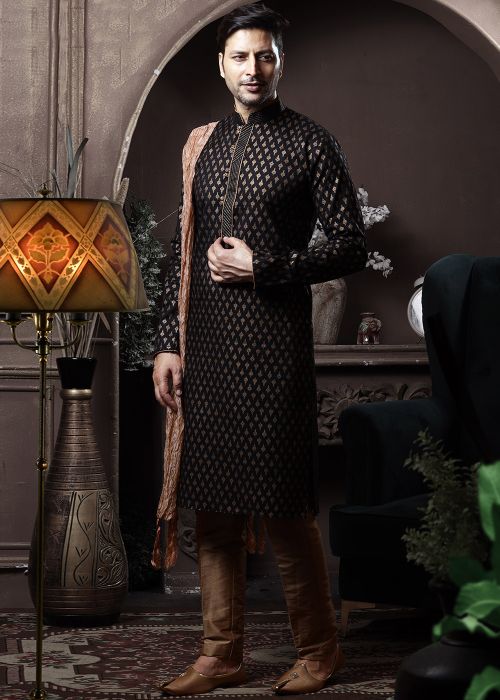 Readymade Black Mens Printed Kurta Pajama